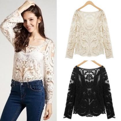 Navy Sheer Daisy Blouse Tied Crochet Detail main image 0